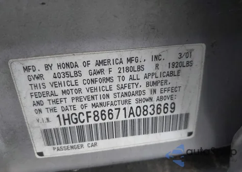 2001 Honda Accord Value Package z USA, uszkodzony, nr VIN 1HGCF86671A083669